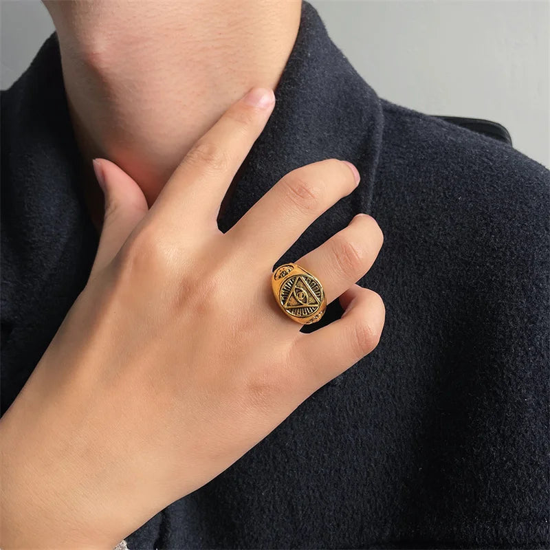 Yungqi Punk Eye of God Vintage Egypt Pyramid All-Seeing Eye Illuminati Ring  Egyptian Triangle Adjustable Rings Anillo Bijoux