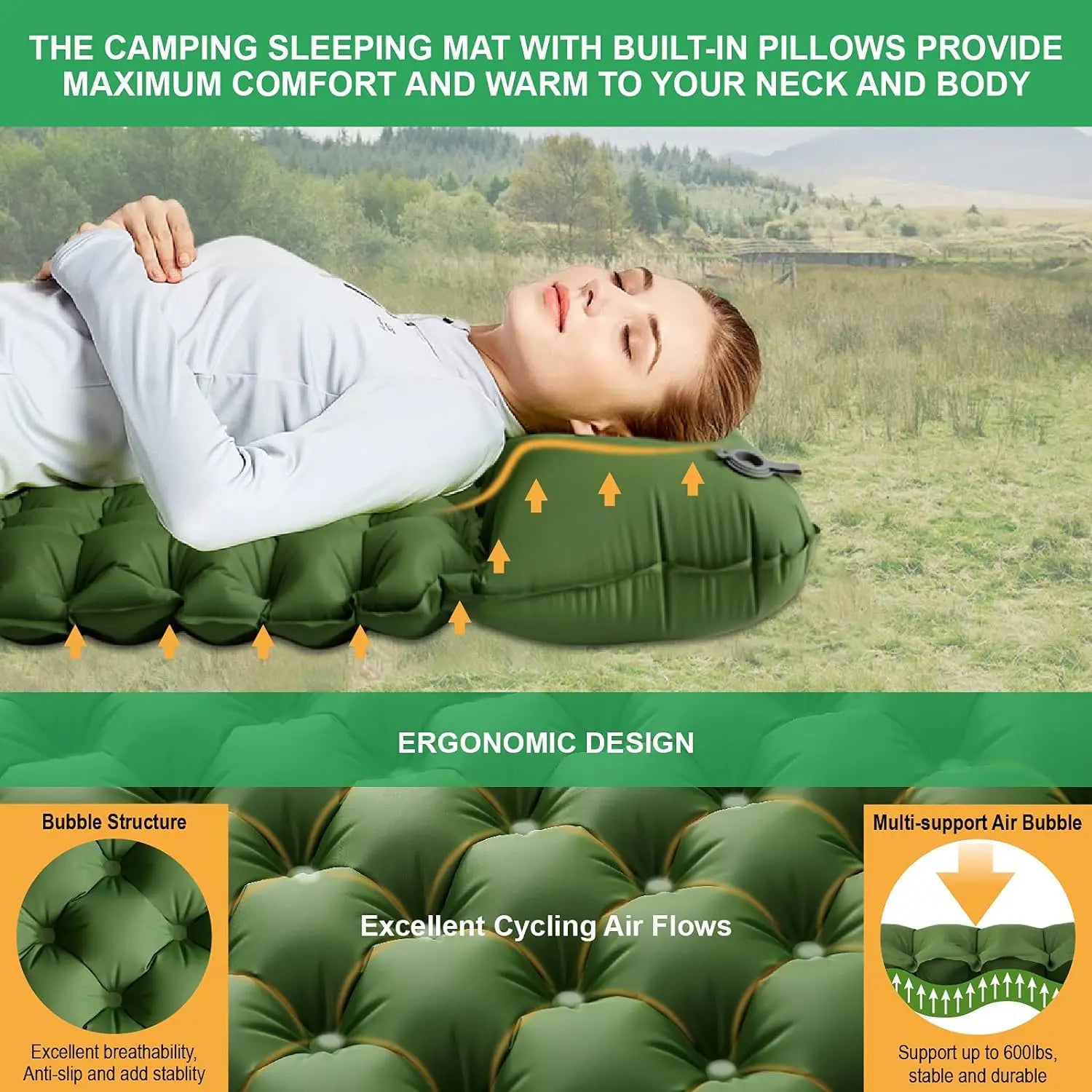 Camping Inflatable Mattress Couple Portable Sleeping Air Matt Double Tent Camping Air matt with Camp Pillow for Tourism Hiking