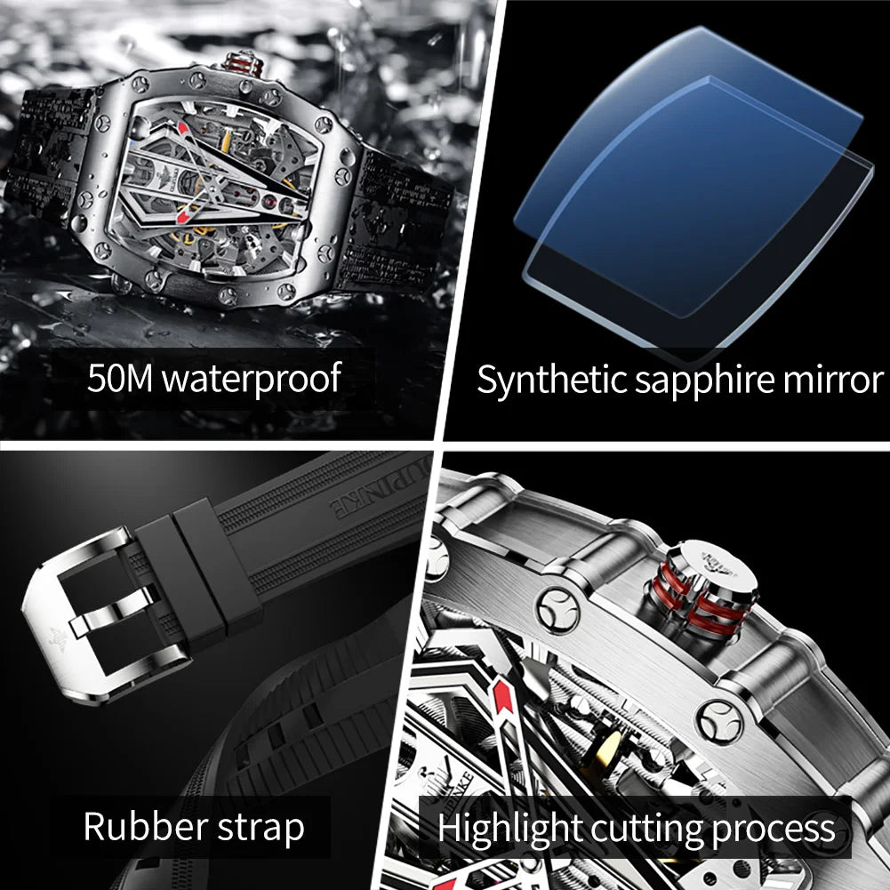 OUPINKE 3179 Automatic Watch for Men Silicone Strap Sapphire Mirror Waterproof Skeleton Mechanical Men&