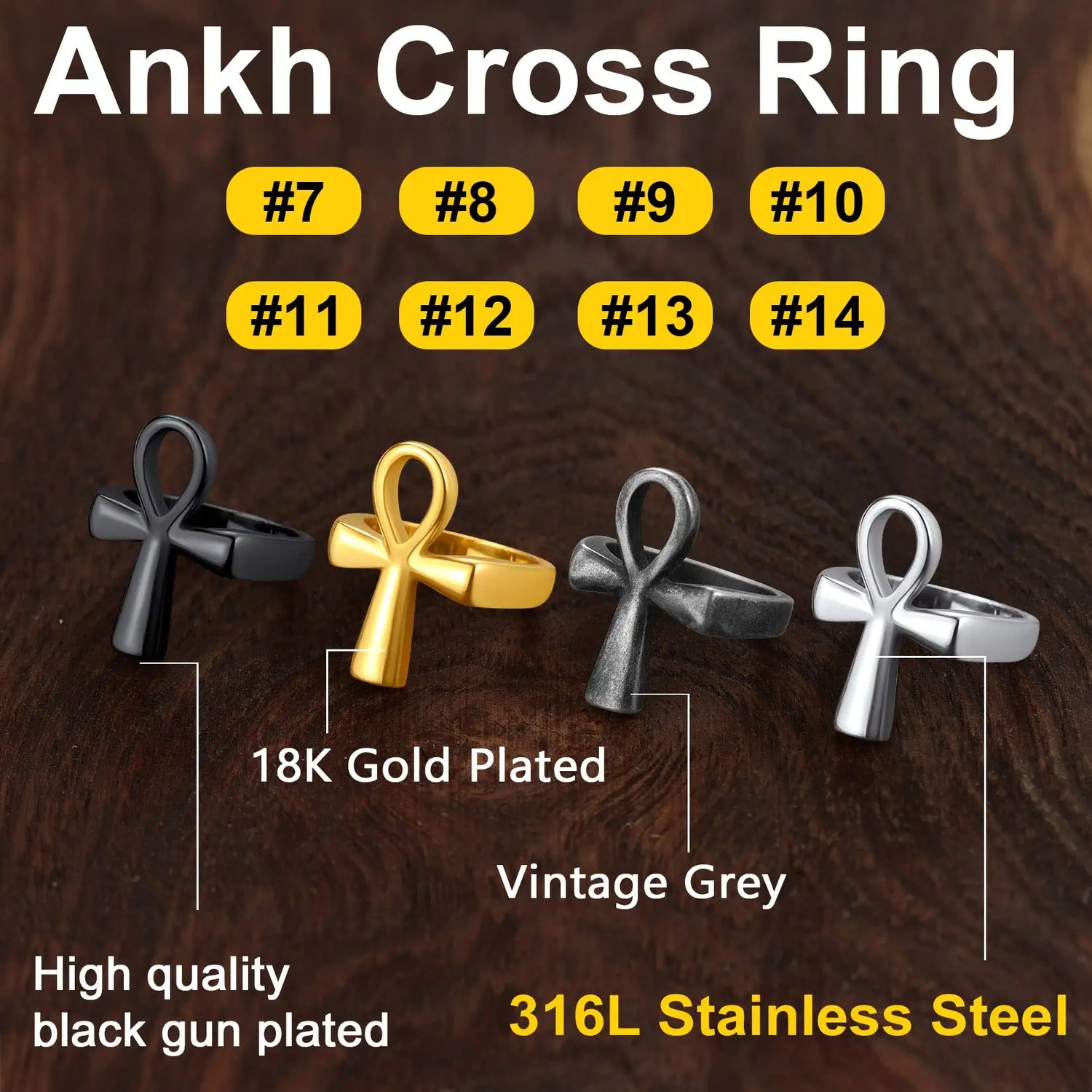 U7 Stainless Steel Ankh Cross Key of Life Ring for Men Women Egyptian Hieroglyphs Writing Symbol Charms Religion Egypt Jewelry