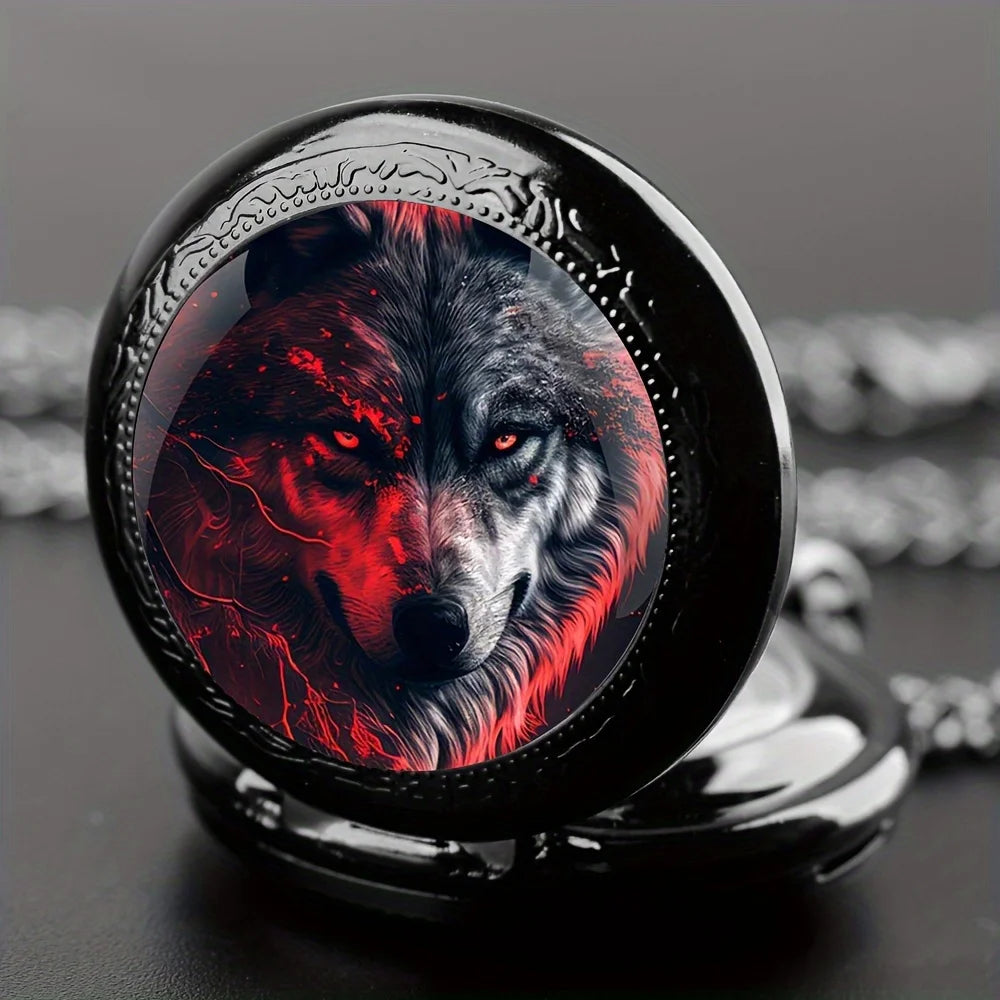 Vintage Wolf Animal Design Quartz Pocket Watch.