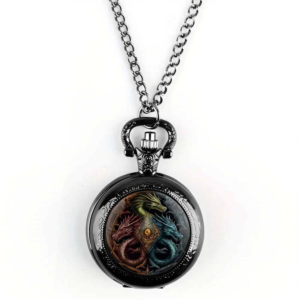 1pc Retro Dragon Quartz Pocket Watch, Cool Black Necklace Pocket Watch, Unique Pendant Clock Gift