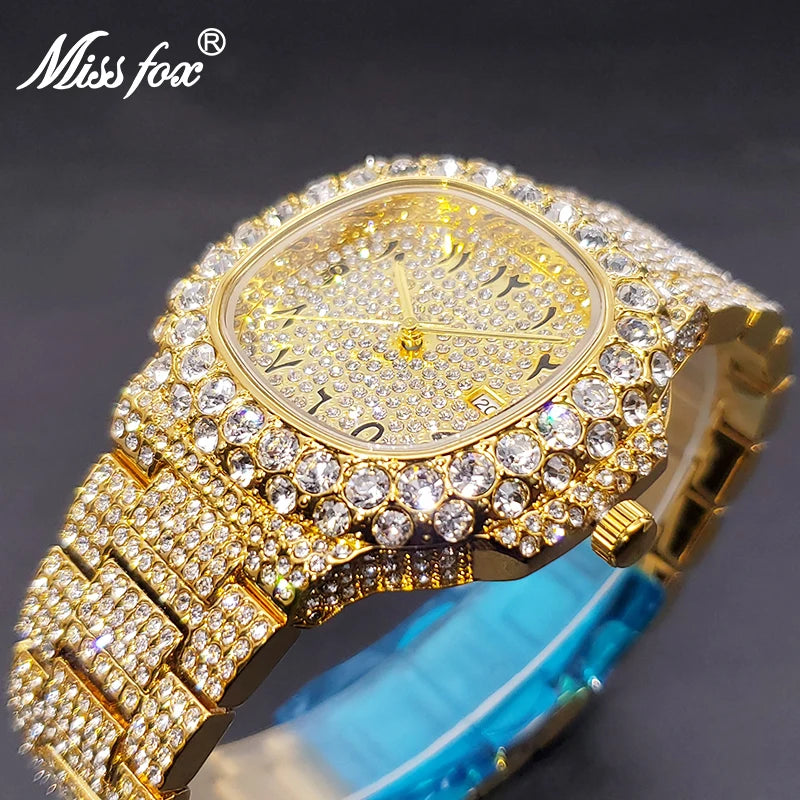 Quartz Watches For Men Big Diamond Gold Luxury Waterproof Calendar Men's Wristwatch Arabic Numerals Wathc For Male Dropshipping