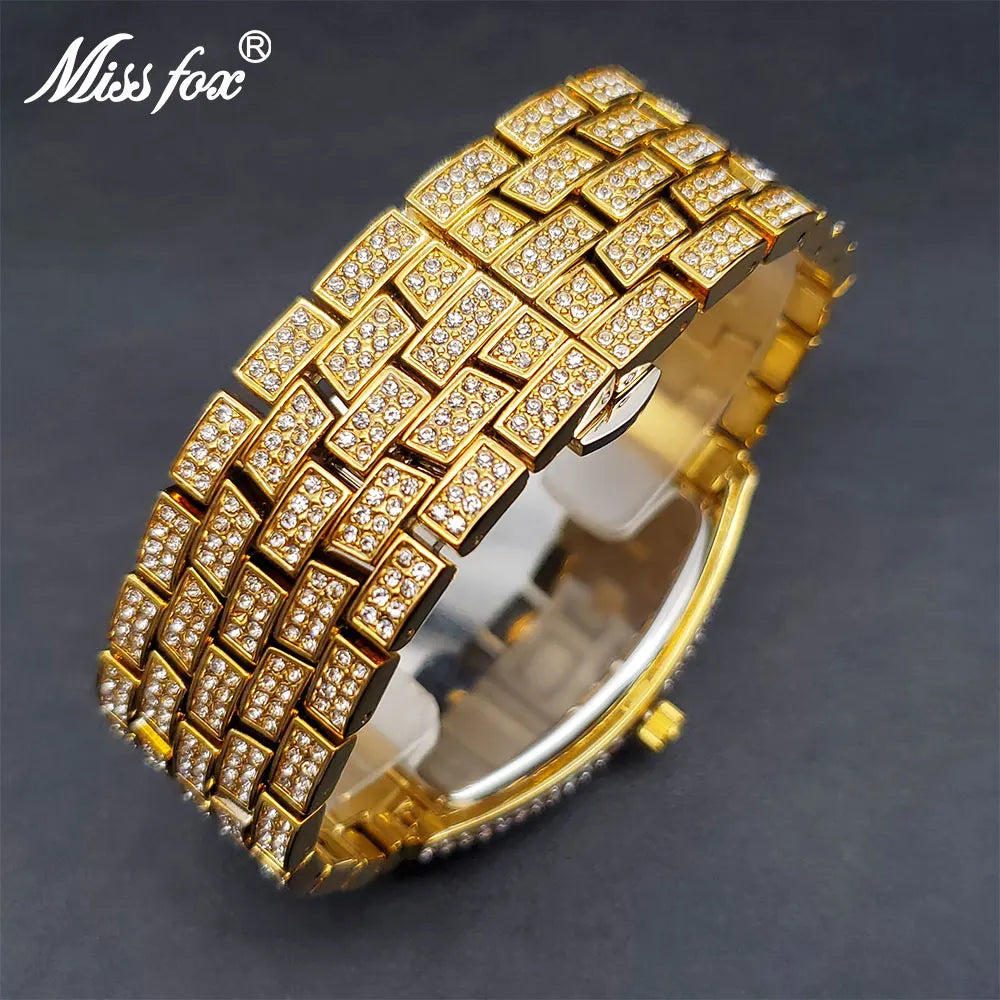 New Blue Quartz Men’s Watch Gold Full Zircon Diamond Luxury Watches For Big Wrist Male 3 Bar Waterproof Hand Clock Dropshipping