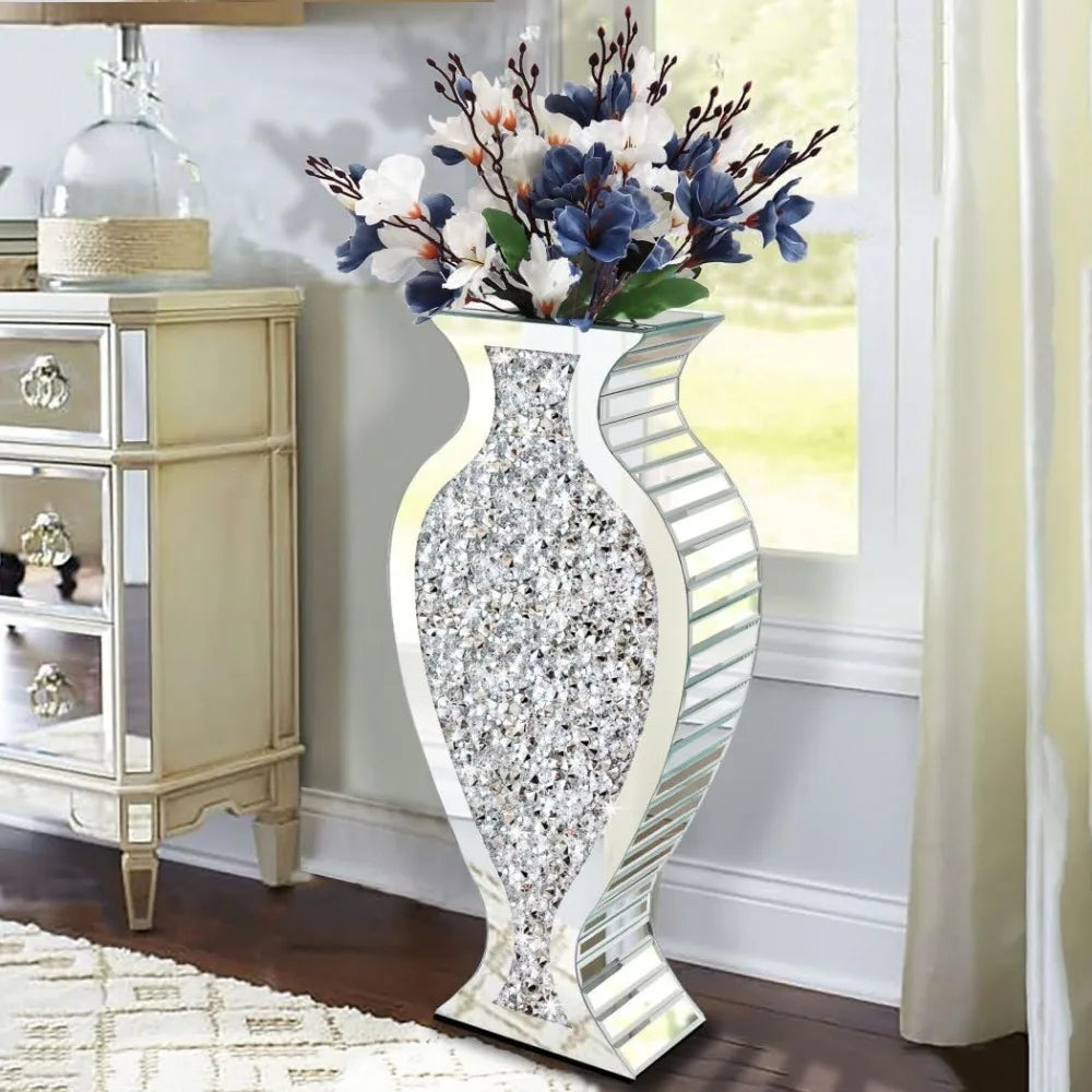 Vase Fragmented Diamond Mirror 27 "High, Crystal Silver Glass Decorative Mirror Vase Luxury Home Decoration, Large Vase