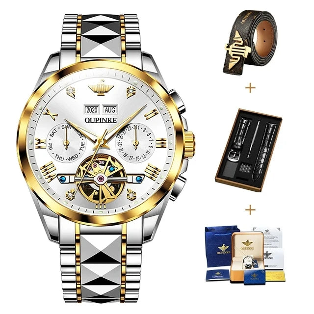 OUPINKE 3186 High Quality Luxury Skeleton Flywheel Automatic Watch for Men 5Bar Waterproof Dual Calendar Brand Men&