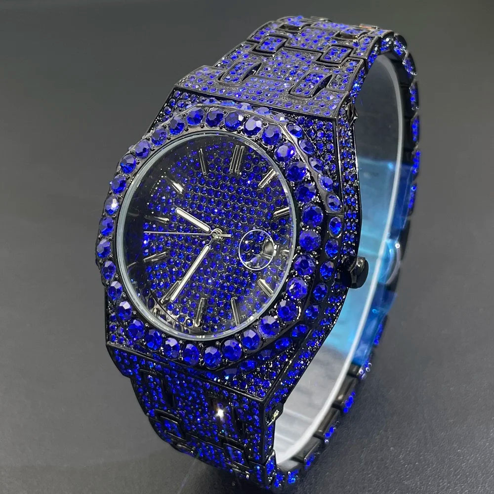 2024 Hip Hop Mens Quartz Watches MISSFOX Automatic Date Iced Wristwatch Fashion Blue Diamond Jewelry Watch For Man Free Shipping