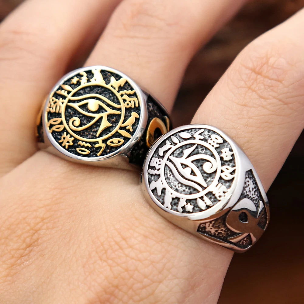 Vintage Unique Egyptian Eye of Horus Rings Punk Stainless Steel Ankh Cross Ring for Men Women Amulet Jewelry Gifts Wholesale