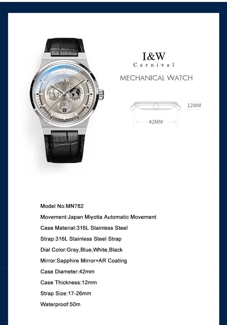 I&W Men Automatic Watch 42mm Luxury Mechanical