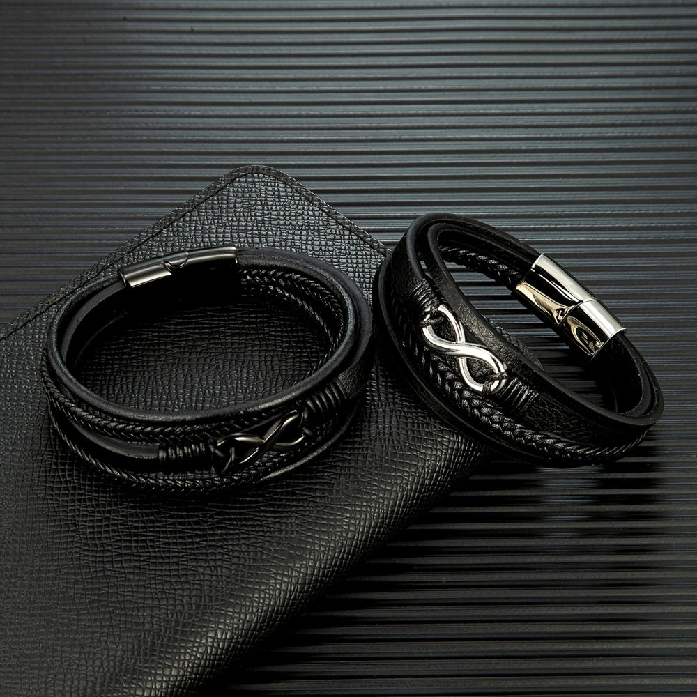 Classic Men Infinity Bracelet Woven Multilayer Braided Leather Bracelets For Women Black Stainless Steel Jewelry Gifts