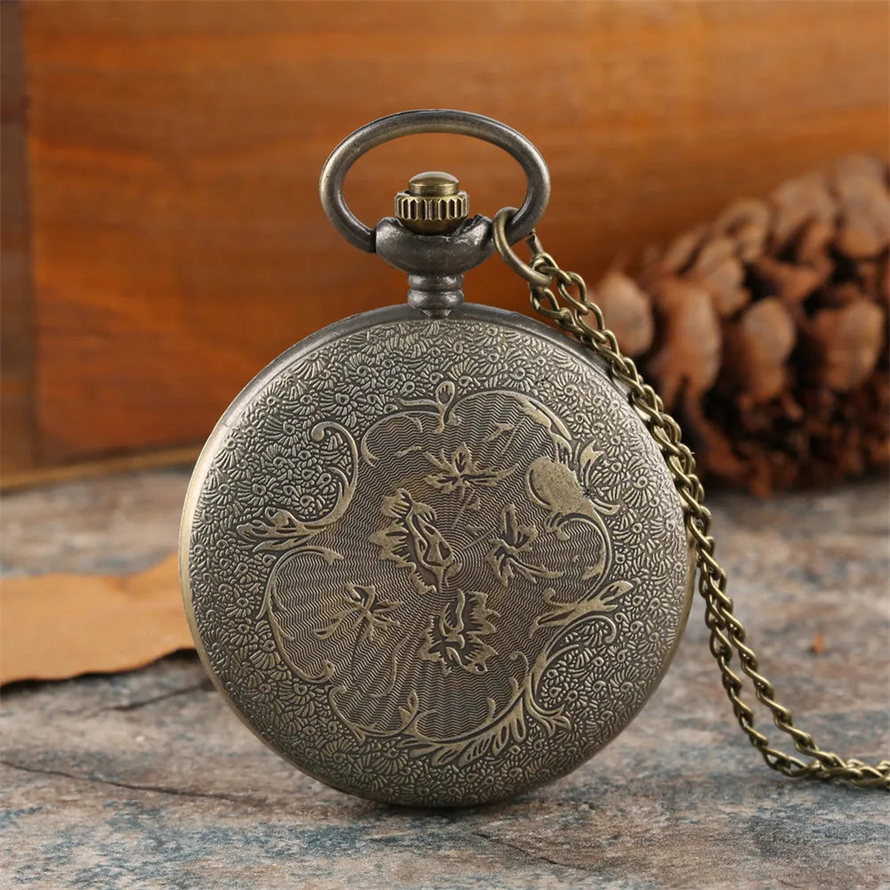 Vintage Retro Bronze Hollow Train Locomotive Steampunk Quartz Pocket Watch Women Men Necklace Pendant with Chain Birthday Gift