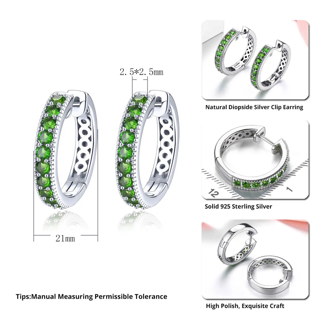 Natural Chrome Diopside Sterling Silver Hoop Earrings 1.5 Carats Genuine Gemstone Classic Style Fine Jewelrys S925 Gifts