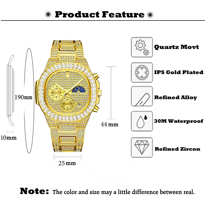 Luxury Gold Watch For Men Hip Hop Jewelry Multifunctional Moon Phase Watches Power By Battery Square Diamond Clock Droshipping