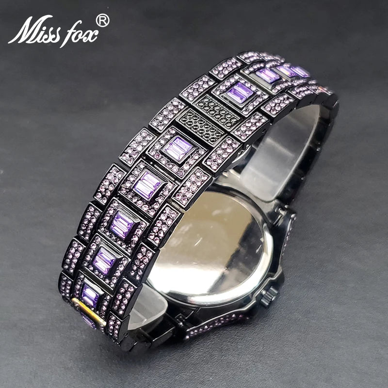 Men's Quartz Watch Hip Hop Iced Out Purple Zircon Luxury Party Jewlry Watches With Calendar Male Hand Clock Decorative Dials