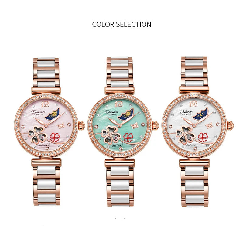 Lucky Clover Mechanical Watch for Women Ceramic Strap Original Wristwatch Skeleton Automatic Diamond Elegant Ladies Watches