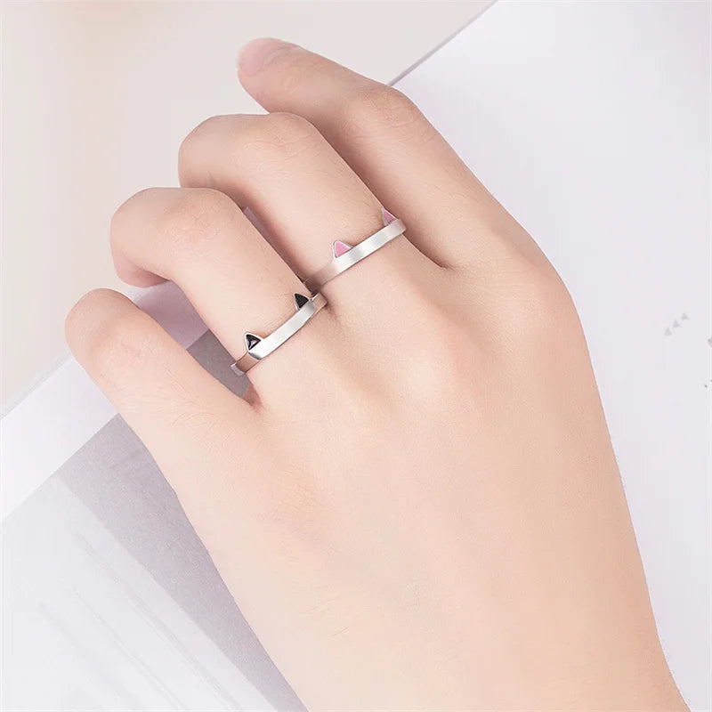 Cute Cat Ear Paw Open Adjustable Couples Rings Silver.