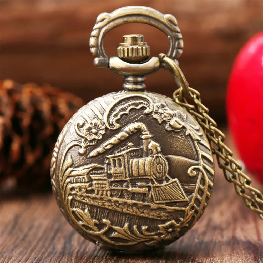 Vintage Retro Bronze Hollow Train Locomotive Steampunk Quartz Pocket Watch Women Men Necklace Pendant with Chain Birthday Gift