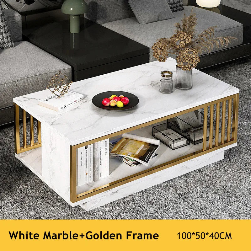 Modern 2-Tier White+Gold Coffee Table: Sleek Elegance and Functional Design.