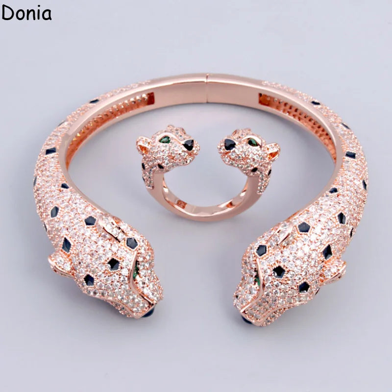 Donia jewelry Europe and America double head green eye leopard titanium steel inlaid AAA zircon bracelet ring luxury jewelry set