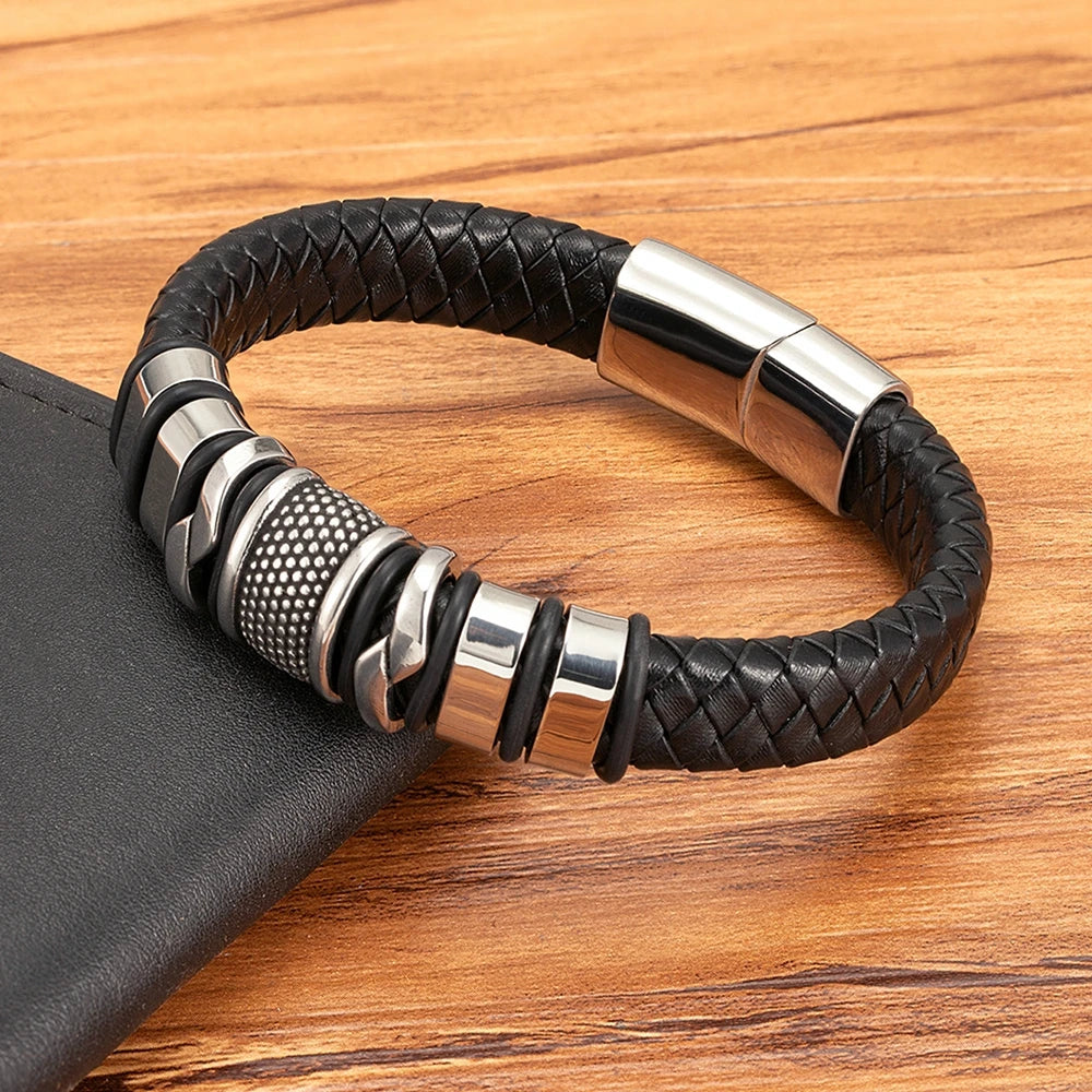 Fashion Braided Rope Wrap Black Leather Bracelets.###