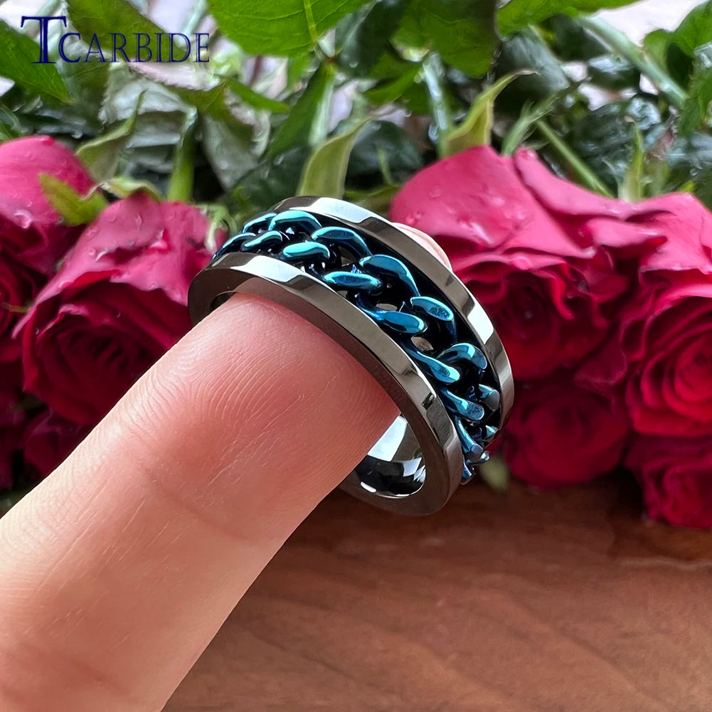 Dropshipping 8mm Black Blue Rotate Ring Men Women Fashion Stainless Steel Jewelry With Chain Inlay In Stock