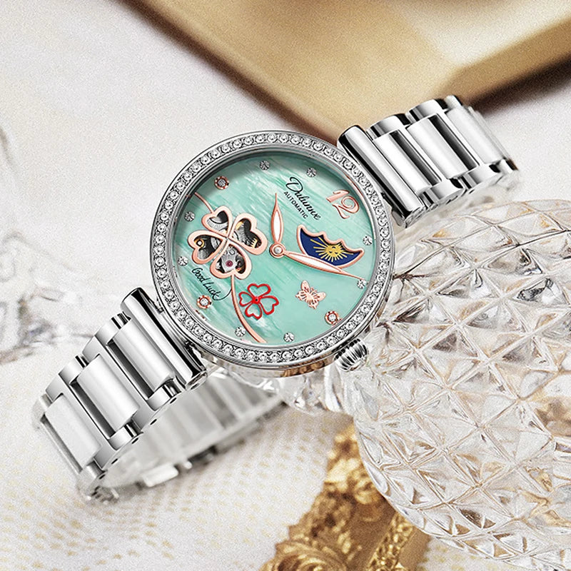 Lucky Clover Mechanical Watch for Women Ceramic Strap Original Wristwatch Skeleton Automatic Diamond Elegant Ladies Watches