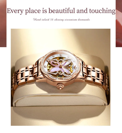 OUPINKE 3239 Hollow Skeleton Mechanical Watch For Women Top Brand Luxury Original Wristwatch Synthetic Sapphire Mirror Watches