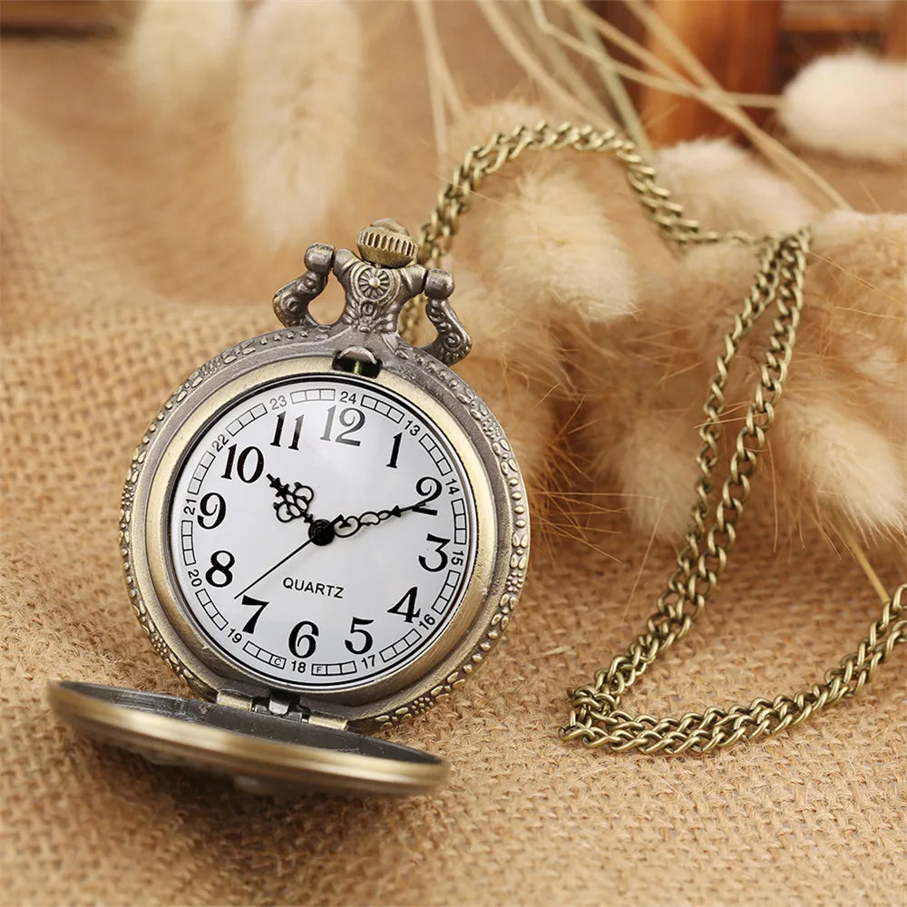 Vintage Retro Bronze Hollow Train Locomotive Steampunk Quartz Pocket Watch Women Men Necklace Pendant with Chain Birthday Gift