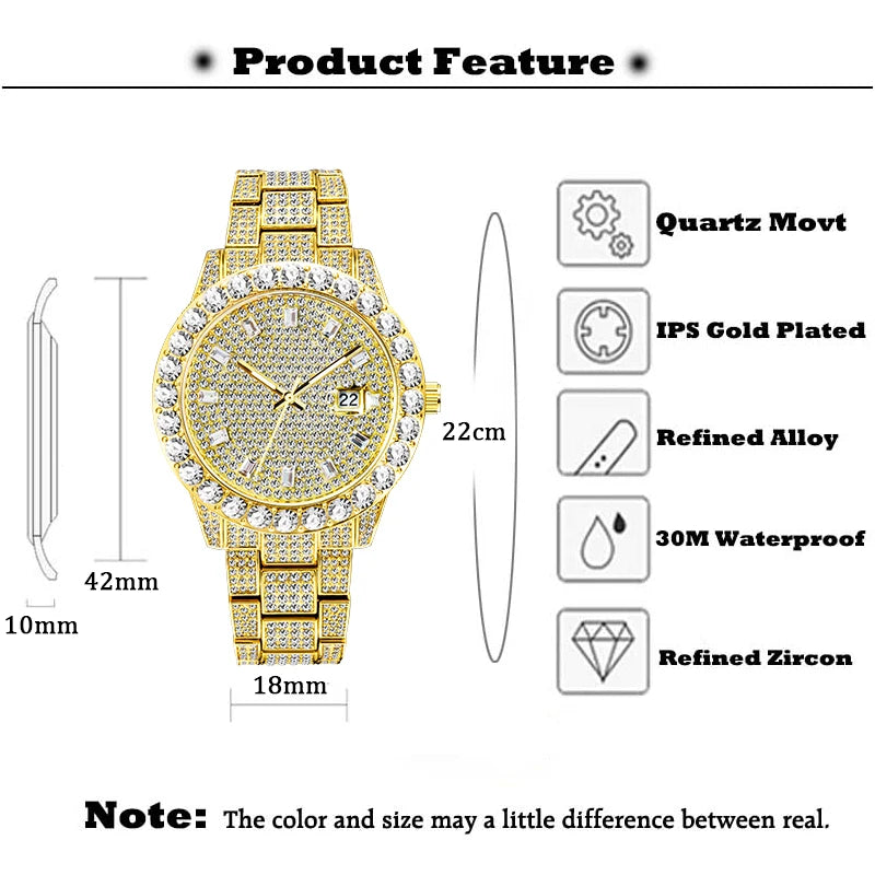 Luxury Watch Man Fashion Iced Drop Diamond Large Men's Watches 42mm Case With Calendar Luminous Hand Clock Power By Battery