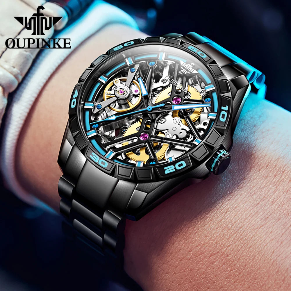 OUPINKE 3196 Official Genuine Watch Men Hollow out Deep Waterproof Luminous Sapphire Mirror Man Hand Clock Luxury