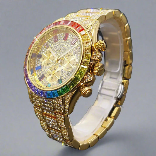 Men Luxury Watch With Rainbow Diamond.