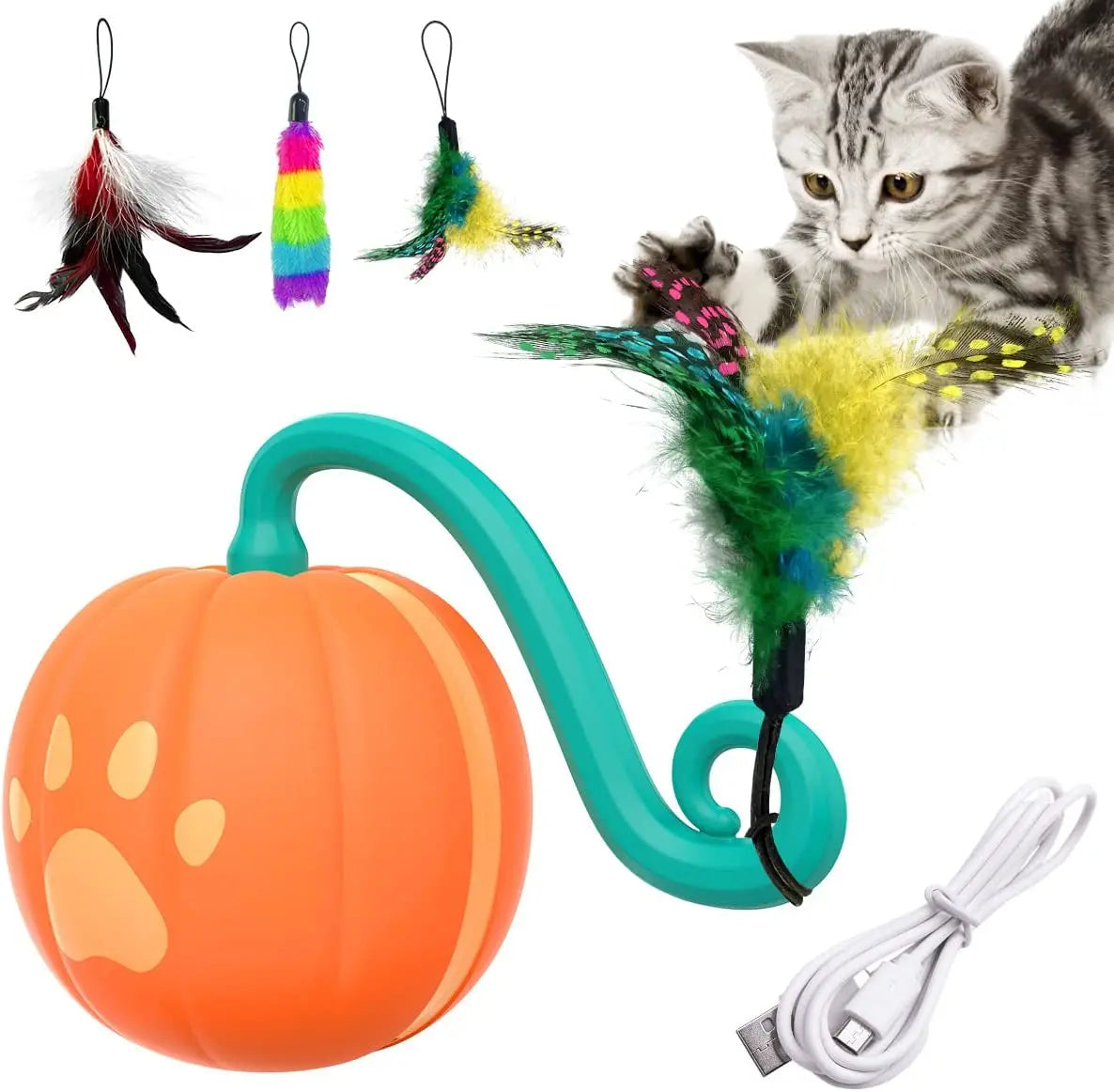 ATUBAN Cat Toy Smart Robotic,Cat Toys for Indoor Cat, Automatic Moving Ball with Feather Kitten Toys in Pack.USB Rechargeable