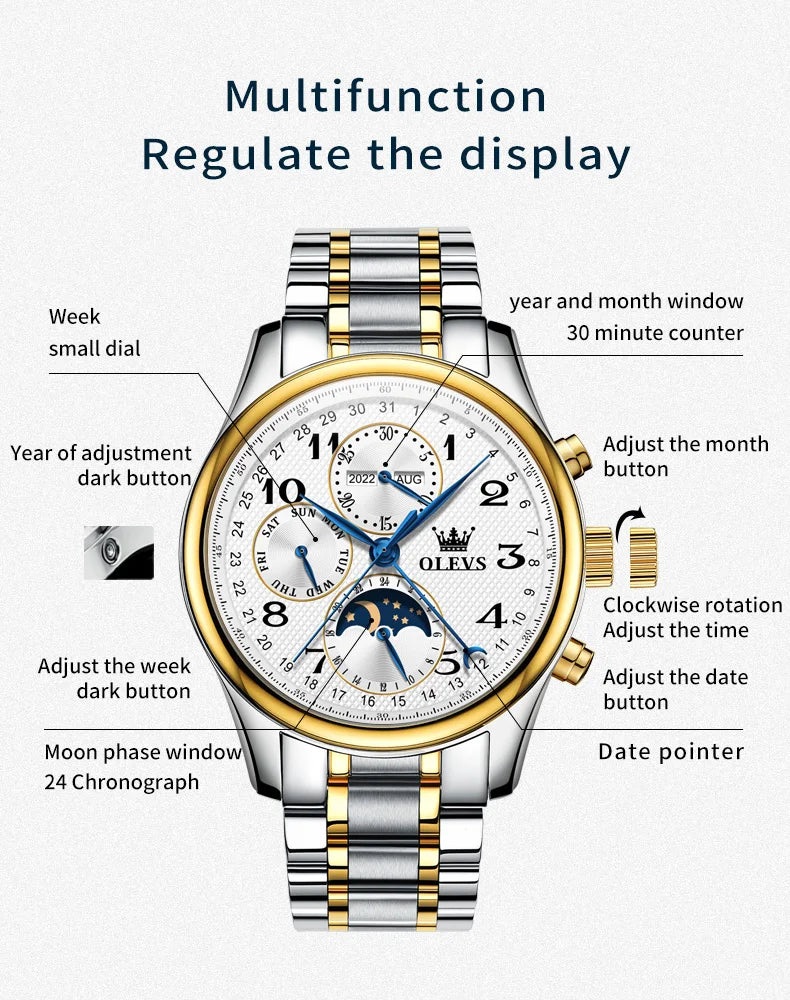 OLEVS Automatic Mechanical Watch For Men Moon Phase Business Wristwatch Top Brand Luxury Men Watches High Quality Montre Homme