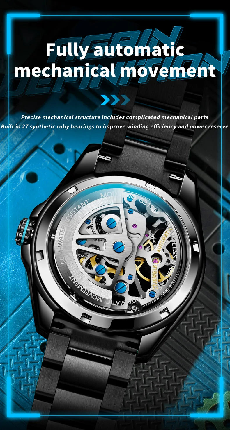 OUPINKE 3196 Official Genuine Watch Men Hollow out Deep Waterproof Luminous Sapphire Mirror Man Hand Clock Luxury