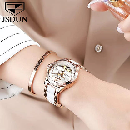 Luxury Mechanical Women Watch Love Swan Design Skeleton Elegant Ceramics Strap Waterproof  Ladies Wristwatch Girls Dress Watch