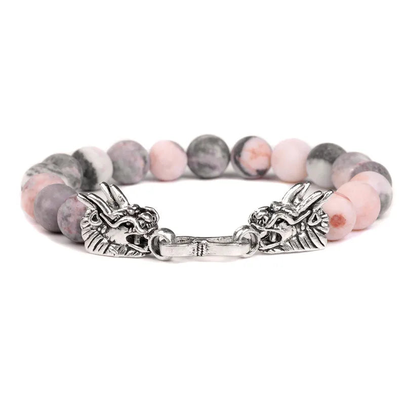 Natural Pink Zebra Stone Bracelets For Women Men Fengshui Dragon Clasp Bracelet Tiger Eye Lava Bangles Good Lucky Charm Jewelry