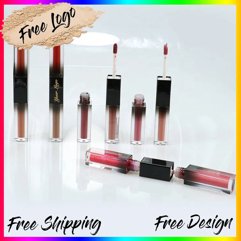 Long-lasting double head liquid lipstick in multi colors, featuring matte finish, customizable private label, free shipping and design.