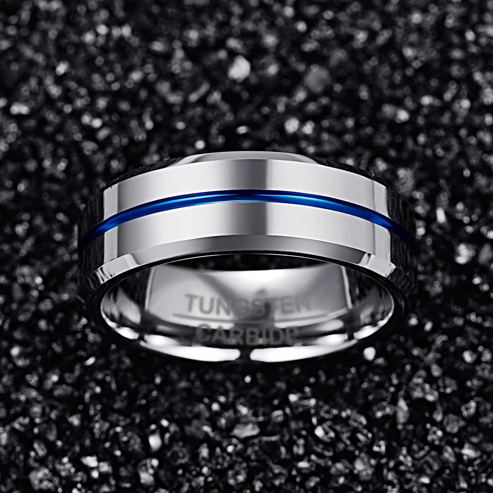 Width Tungsten Carbide Ring Thick Steel Color Full Polished Blue Groove with Angled Men's Ring T185R