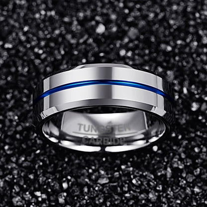 Width Tungsten Carbide Ring Thick Steel Color Full Polished Blue Groove with Angled Men&