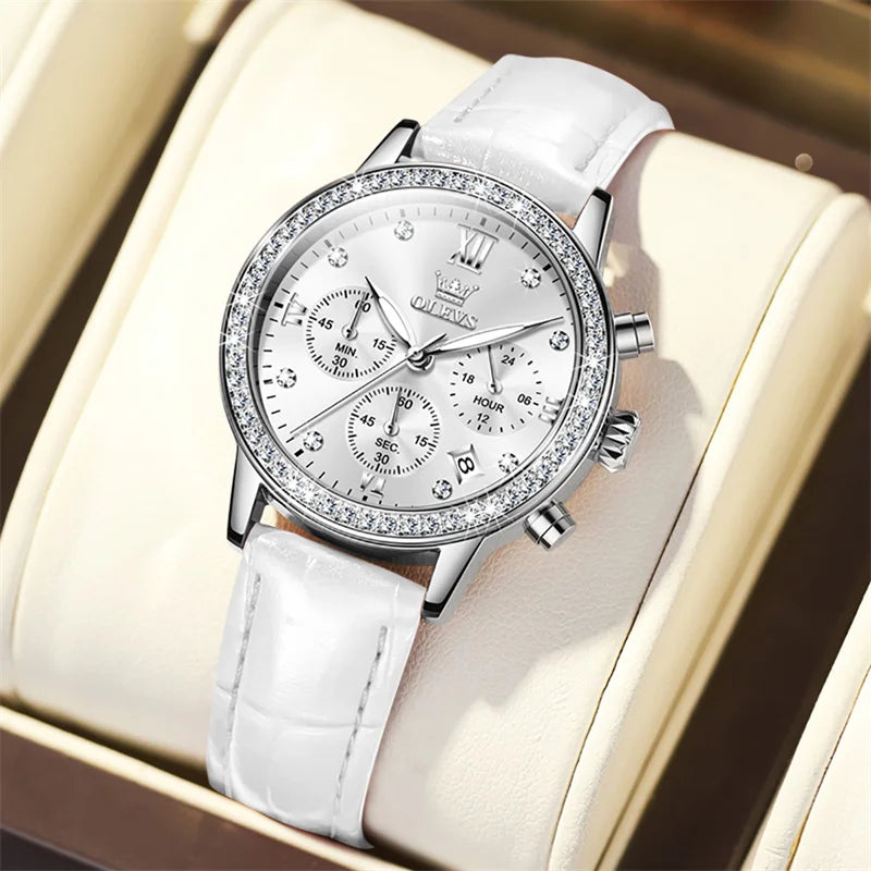 OLEVS Fashion Diamond Silver White Women Watch Leather.