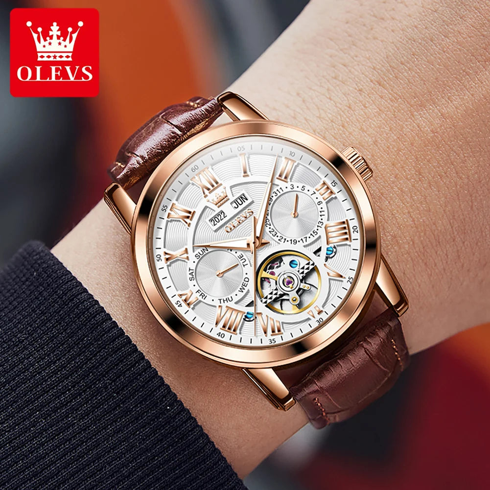 OLEVS Original Automatic Watch for Men Chronograph Mechanical Wristwatch Leather Band Moon Phase Calendar Man Watch Top Brand