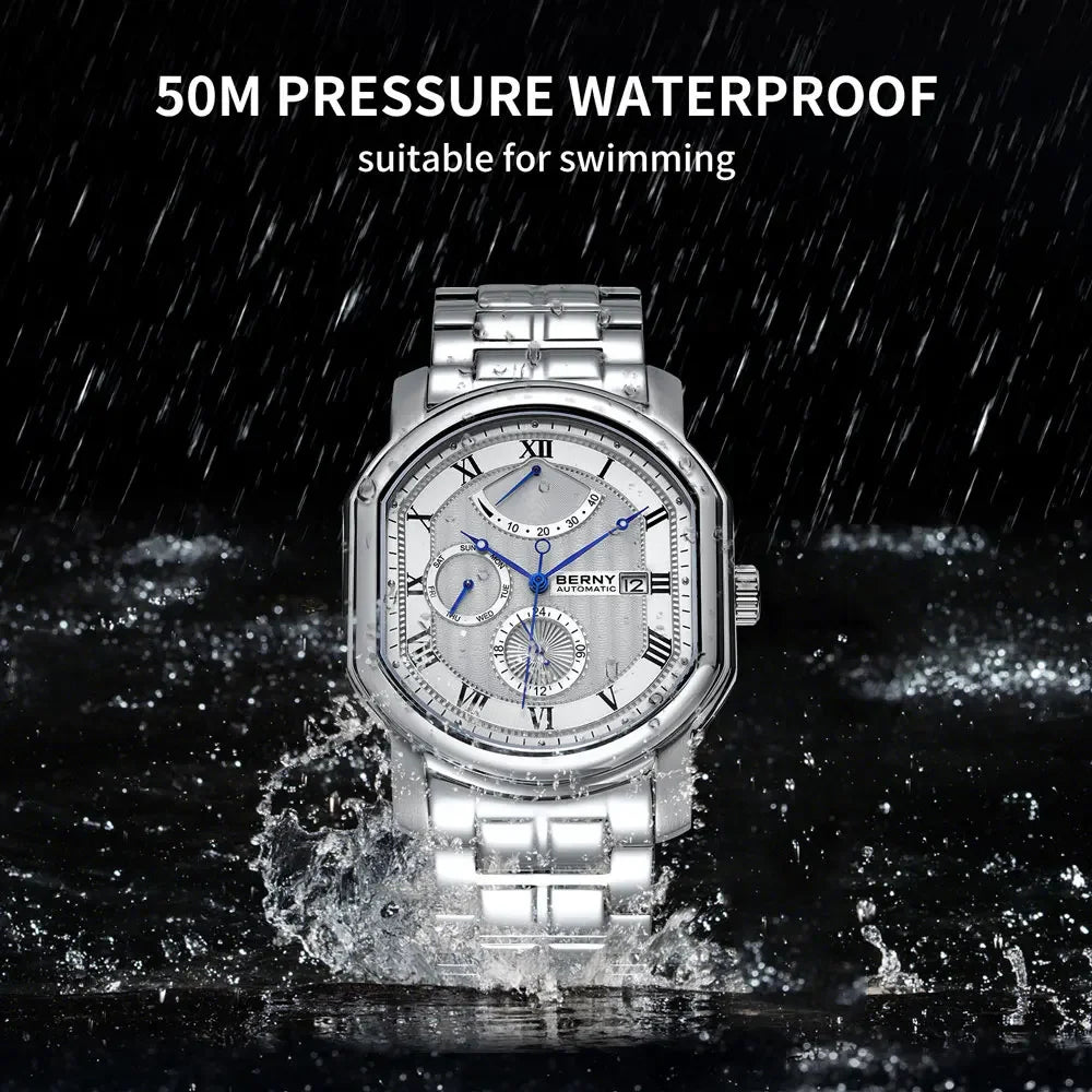 BERNY Men's Automatic Watch Waterproof Exhibition.