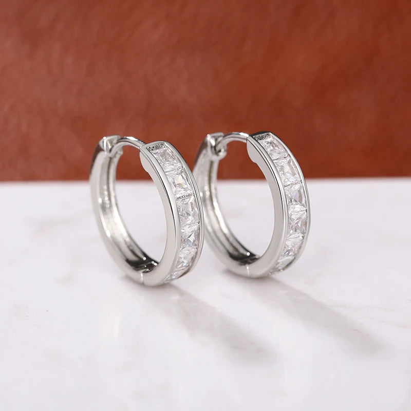 Huitan Hoop Earrings with Princess Cubic Zirconia Exquisite Ear Circle Earrings for Women Silver Color Fashion Versatile Jewelry