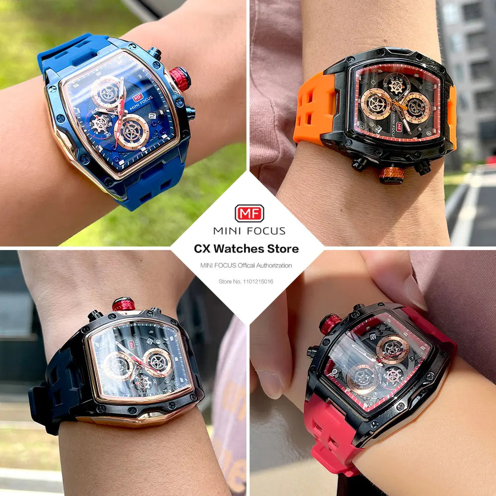 MINI FOCUS Blue Quartz Watch Men Fashion Military Sport Chronograph Wristwatch with Luminous Hands Auto Date Silicone Strap