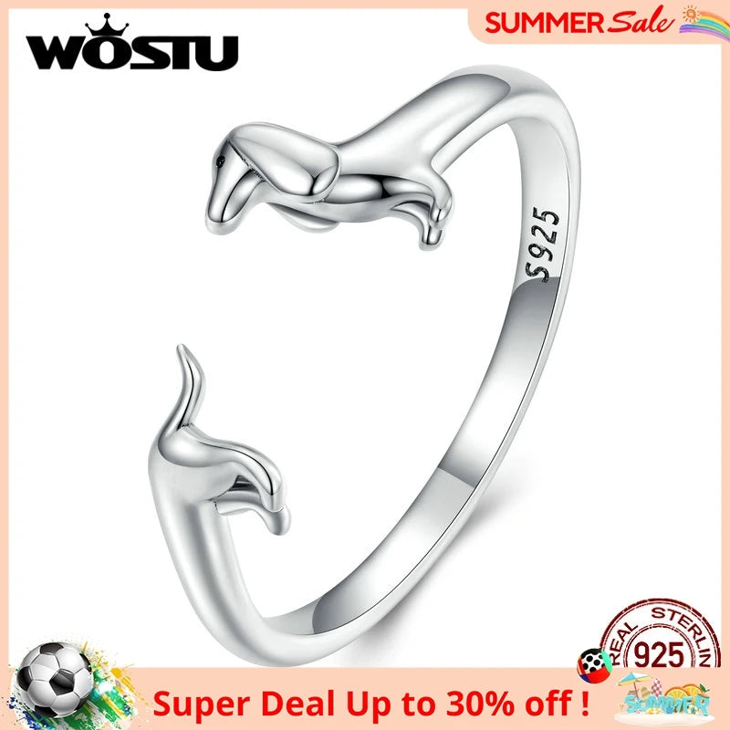 Real 925 Sterling Silver Cute Dachshund Dog Adjustable Rings for Women Original Open Animal Ring Fine Family Jewelry Gift