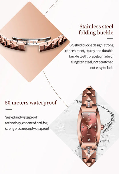 OUPINKE Luxury Brand Women Watches Tungsten Steel Strip Swiss Movement Diamond Inlay Watch for Lady Waterproof Fashion Sapphire