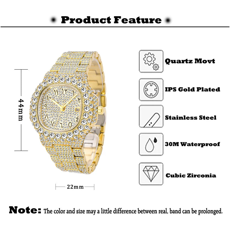 Quartz Watches For Men Big Diamond Gold Luxury Waterproof Calendar Men's Wristwatch Arabic Numerals Wathc For Male Dropshipping