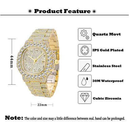 Quartz Watches For Men Big Diamond Gold Luxury Waterproof Calendar Men&