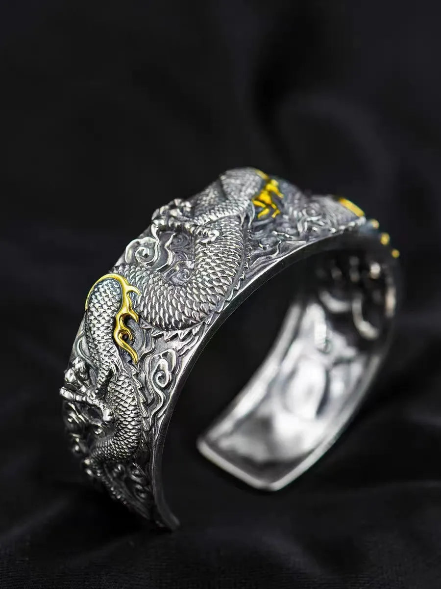 Retro Domineering Dragon Bracelet Chinese National Style Tenglong Cuff Bracelet Men's Punk Rock Locomotive Riding Amulet Jewelry