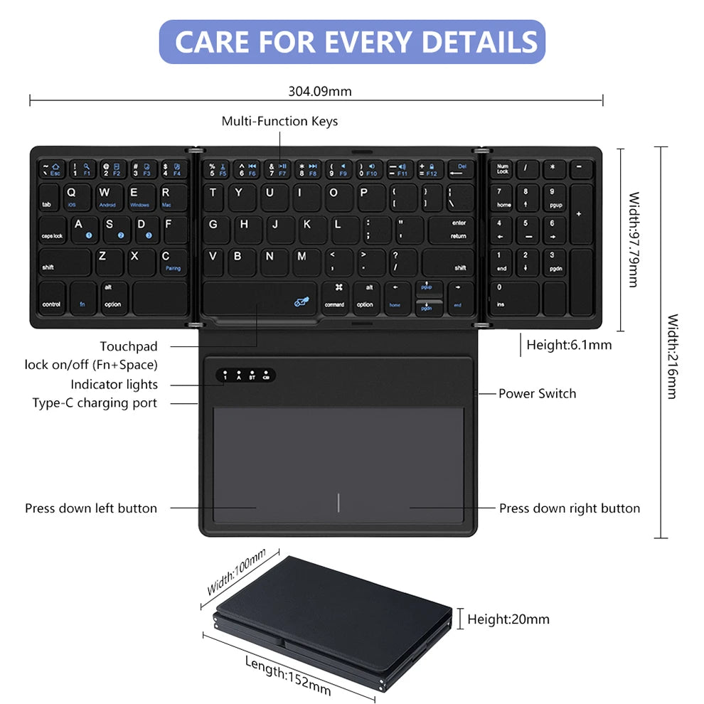 Foladable Bluetooth Keyboard with Touchpad Pocket.